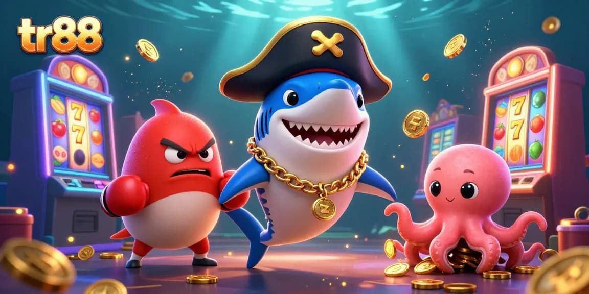 Experience the excitement of tr88 with a vibrant, action-packed casino scene featuring a pirate shark and friends.