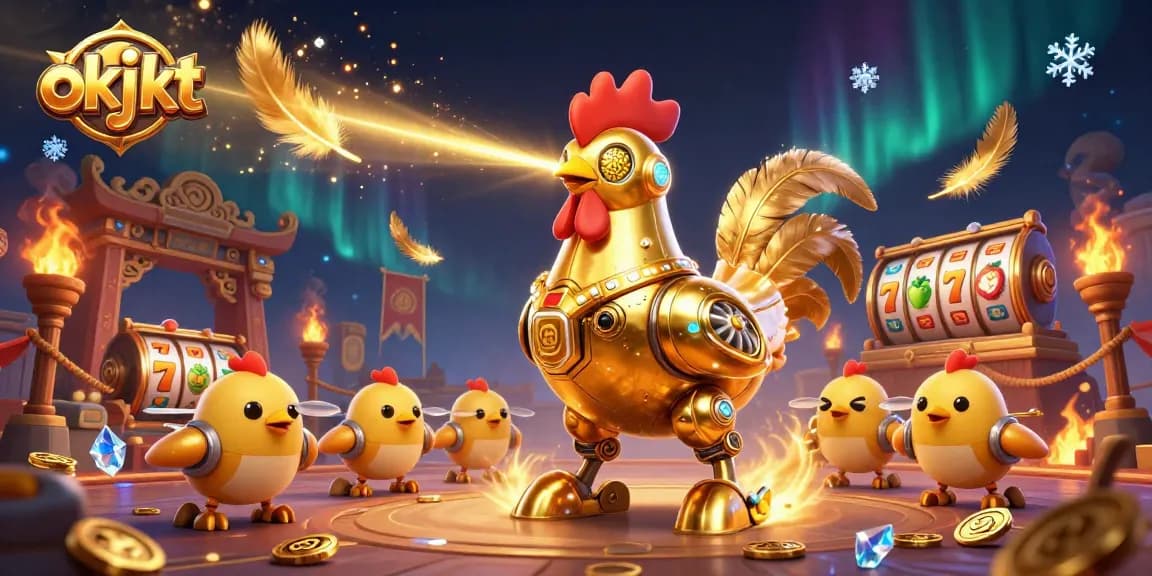 Bermain di dunia okjkt dengan robot ayam emas futuristik dan drone ayam kecil di arena pertarungan.