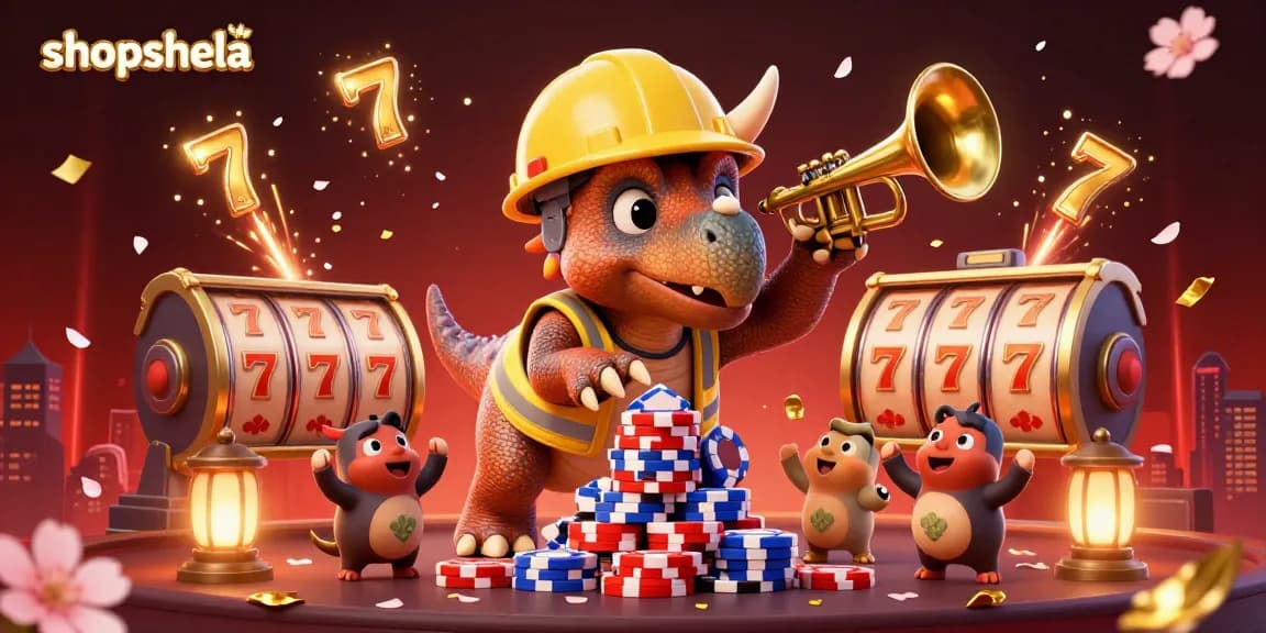Experience the excitement of shopshela as a triceratops builds poker chip pyramids in a vibrant casino scene.