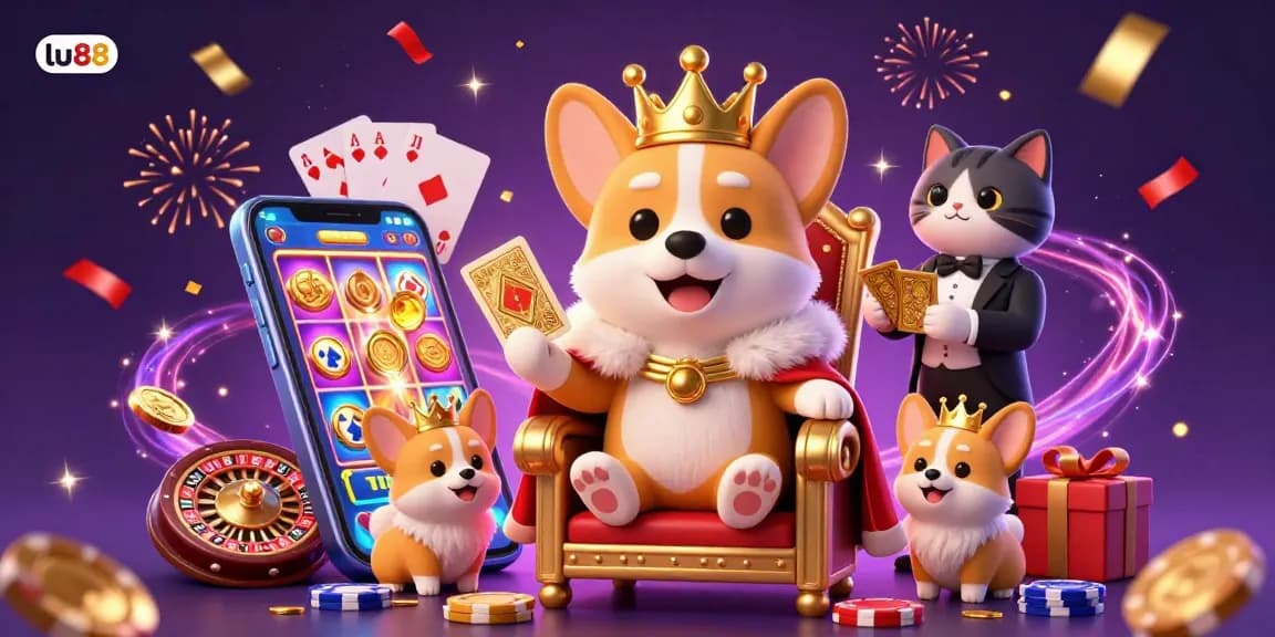 Play and win with exciting games at lu88, featuring a corgi throne among poker chips.