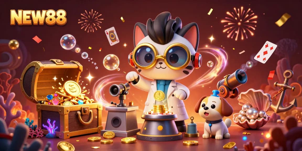 Experience the excitement of NEW88 with thrilling games and vibrant casino elements in a colorful scene.