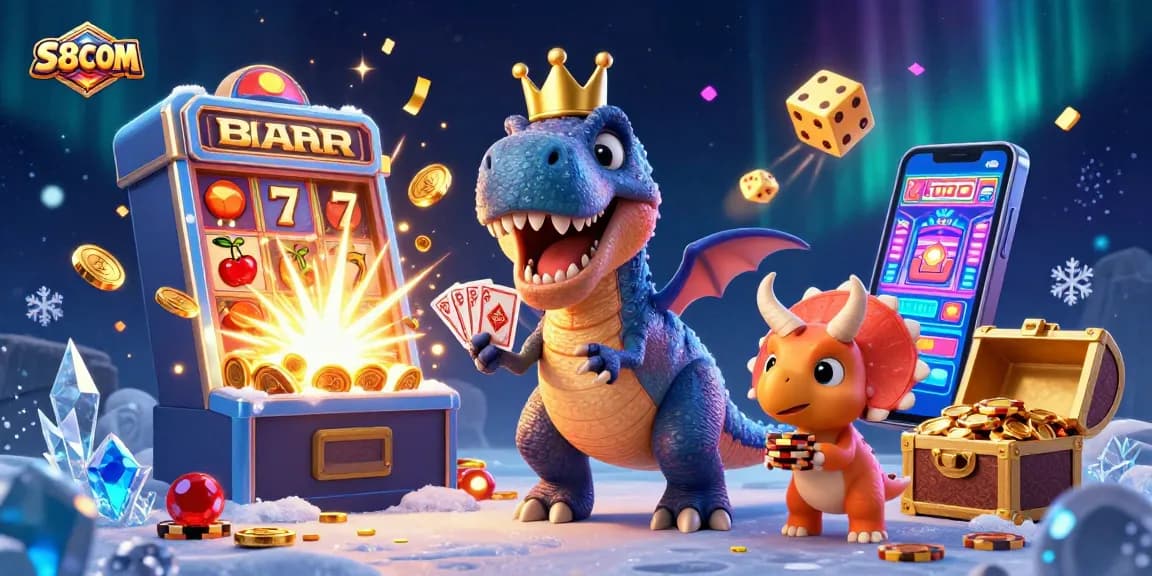 Experience thrilling gaming action at S8COM with an exciting illustration of character cards and chips in a casino.