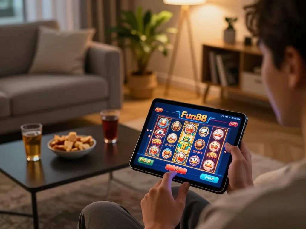Engaging in online slots on Fun88 app from a cozy home setting with snacks and vibrant tablet screen.