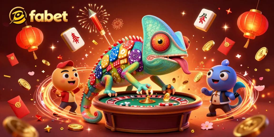 Experience the thrill at fabet's casino with a colorful chameleon owner capturing golden coins.