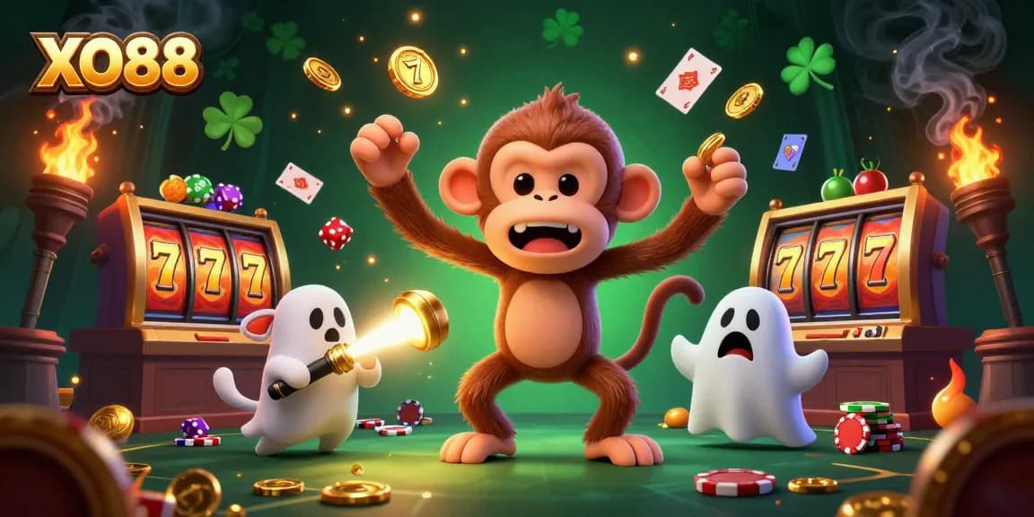 Experience the excitement of XO88 in a vibrant haunted casino scene filled with golden juggled treasures.