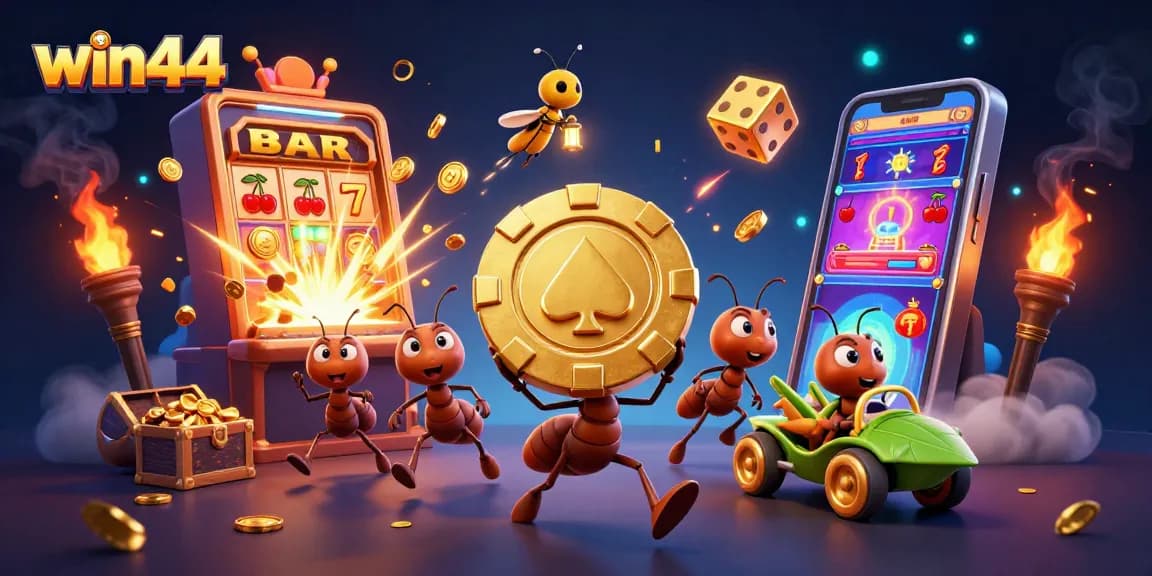 Experience thrilling wins with win44's vibrant 3D illustration of ants on a casino heist.
