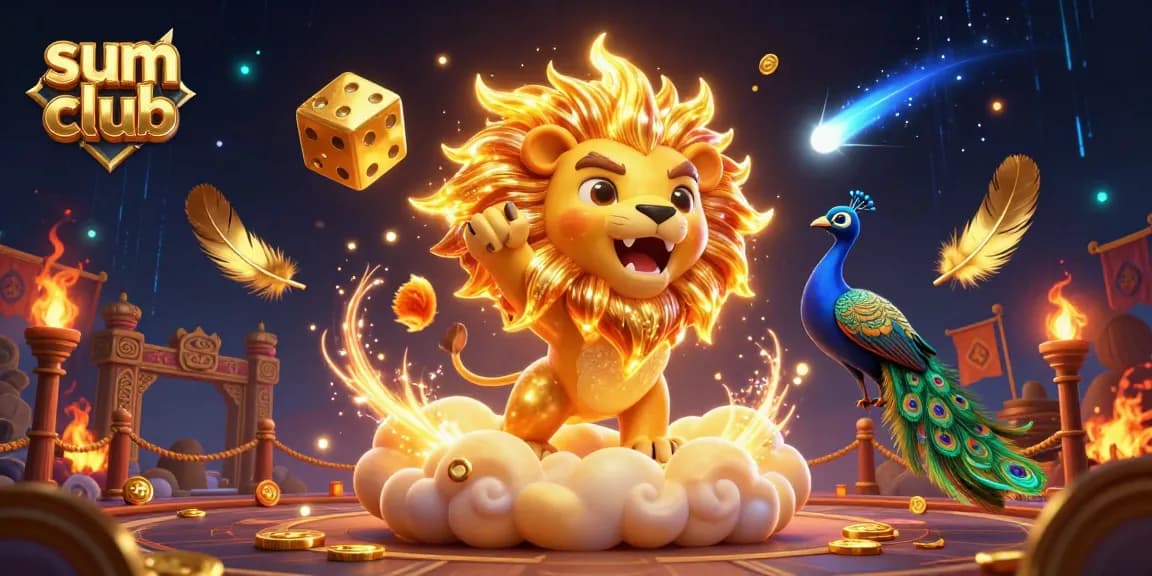 Join the fun at sum club with a roaring cartoon lion, golden dice, and vibrant casino elements!