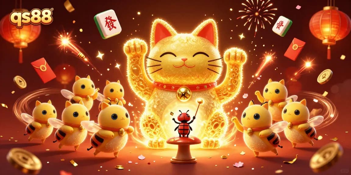 Experience the excitement of qs88 with a golden lucky cat and dynamic casino elements