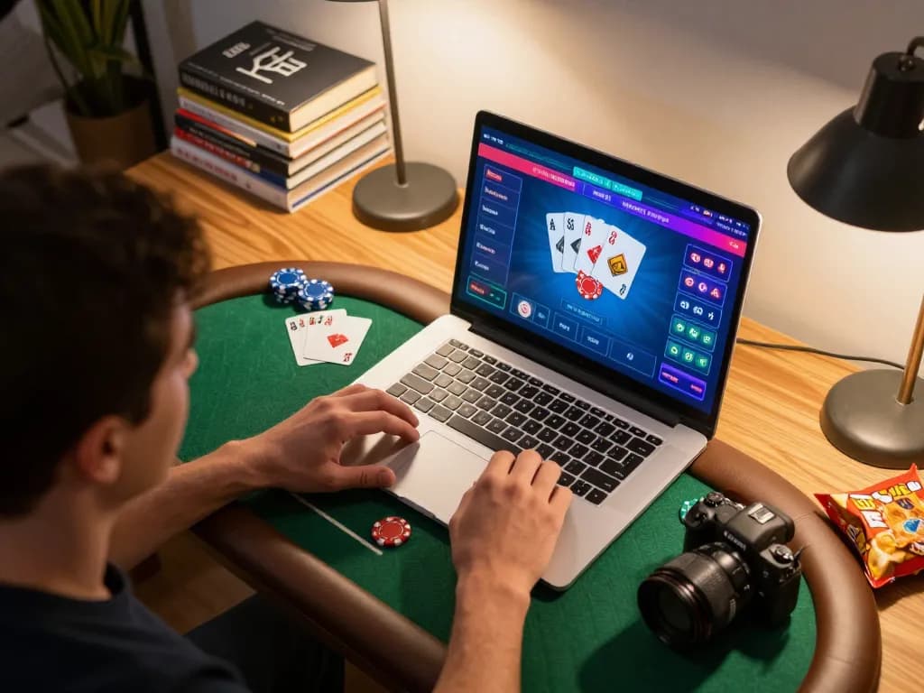 Engaging gameplay on trang chủ IWIN showcasing a person playing poker with vibrant game interface