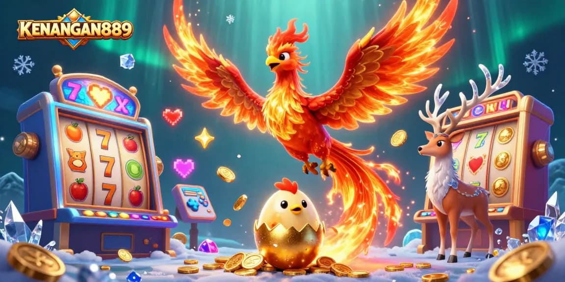 KENANGAN889 showcases a vibrant illustration of a phoenix and stag in an exciting casino environment with slot elements.