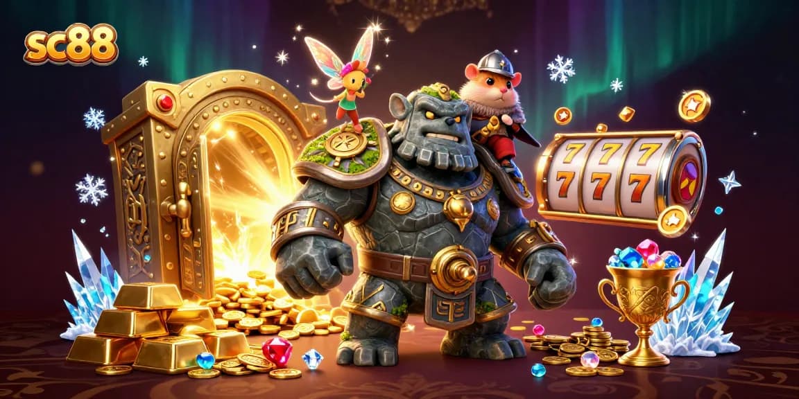 Spin for riches with sc88's dynamic 3D casino scene featuring a guardian and magical companions.