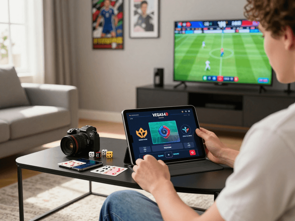 Platform VEGAS4D dengan pengguna menikmati permainan slot dan togel online di ruang tamu yang nyaman.