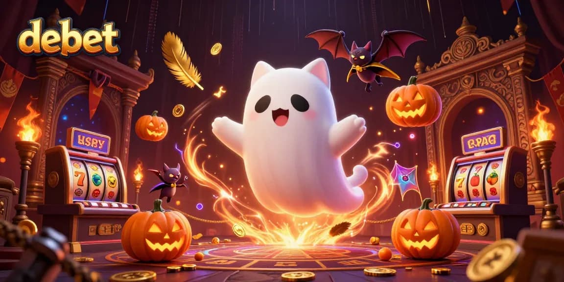 Bet big with debet in a haunted casino scene featuring a ghost cat and vampire bat.