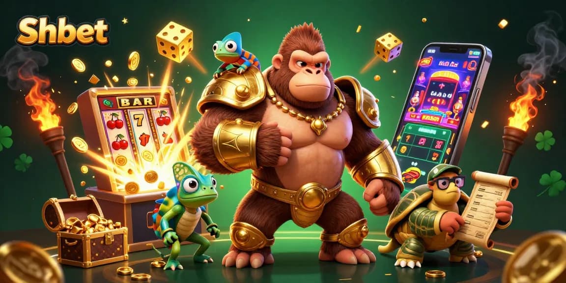 Engage with dynamic Shbet casino action featuring a gorilla king and gaming elements.