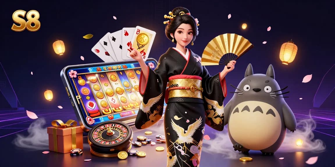 S8 engages players with top casino games and vibrant slot options in a dynamic 3D illustration.
