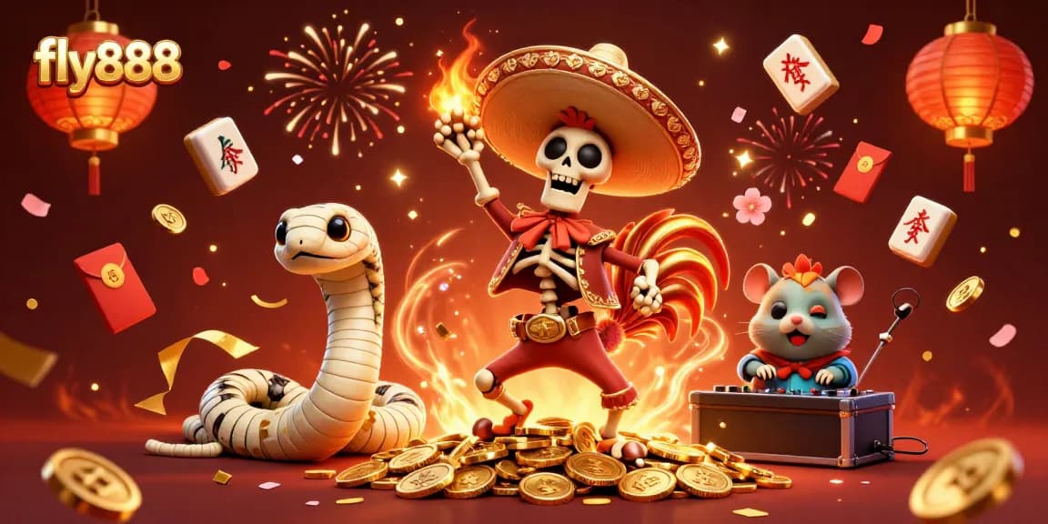 Experience the vibrant festivities of fly888 as a mariachi rooster celebrates on golden coins, perfect for engaging gamblers.