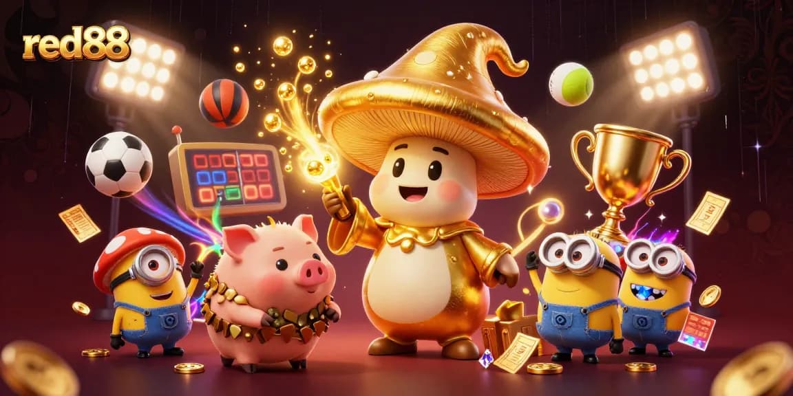 Engage with winning strategies at red88 as the golden mushroom wizard casts spellbinding magic in this vibrant casino scene.