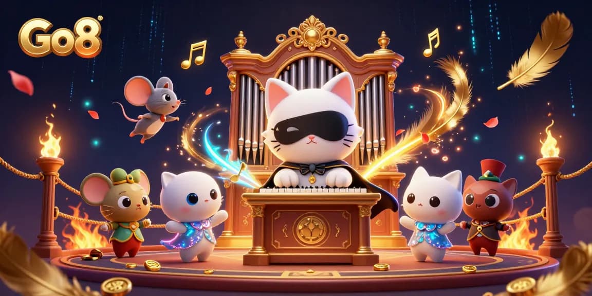Engage in thrilling gaming with Go8, featuring a phantom cat and a mouse acrobat in a vibrant casino.