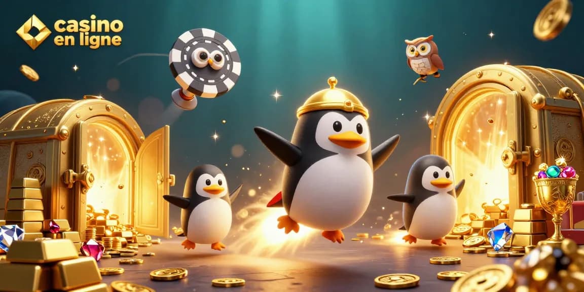 Découvrez des jeux passionnants sur le casino en ligne avec un pingouin doré et des trésors scintillants.