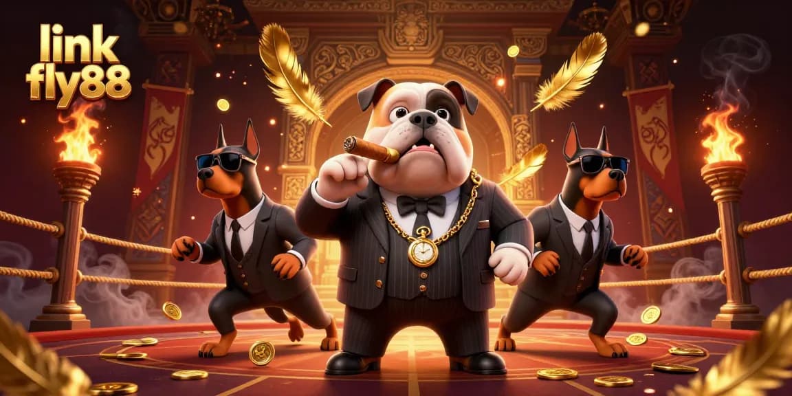 Engage with the exciting world of link fly88, where a 3D cartoon mafia boss and bodyguards create an immersive casino atmosphere filled with golden coins.