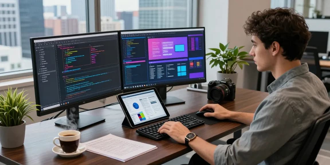 Professional software developer working at a modern desk, showcasing WPS Official Website productivity tools in a vibrant office.