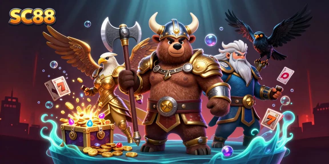 Join the SC88 adventure with Viking characters surrounded by slot reels and gold!