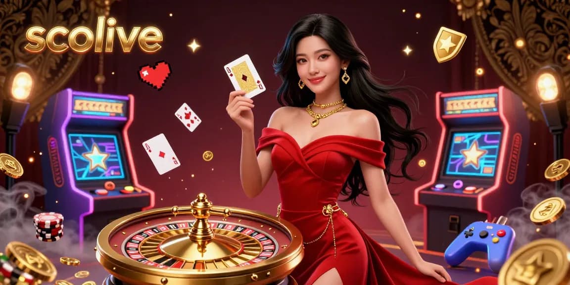 Socolive enhances your gaming experience with a glamorous woman holding a playing card by a golden roulette wheel.