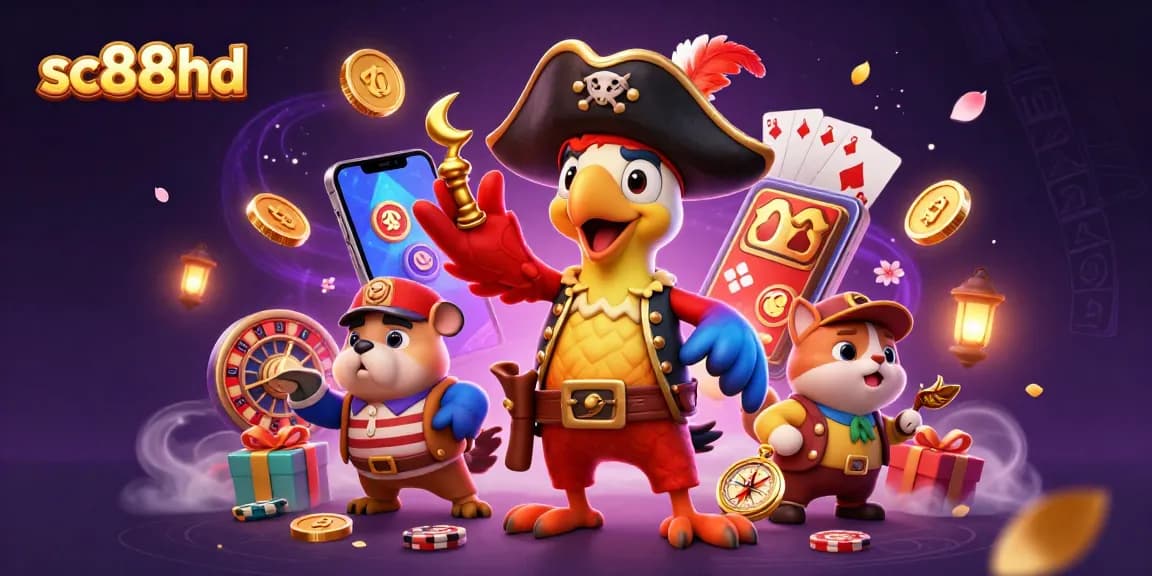 Experience exciting games at sc88hd with pirate characters enjoying slots and poker in a vibrant casino scene.