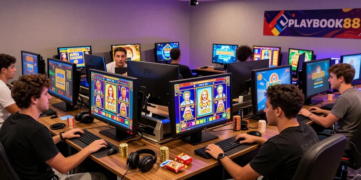 Engaging gaming scene at PLAYBOOK88 online slots, showcasing players immersed in vibrant slot games.