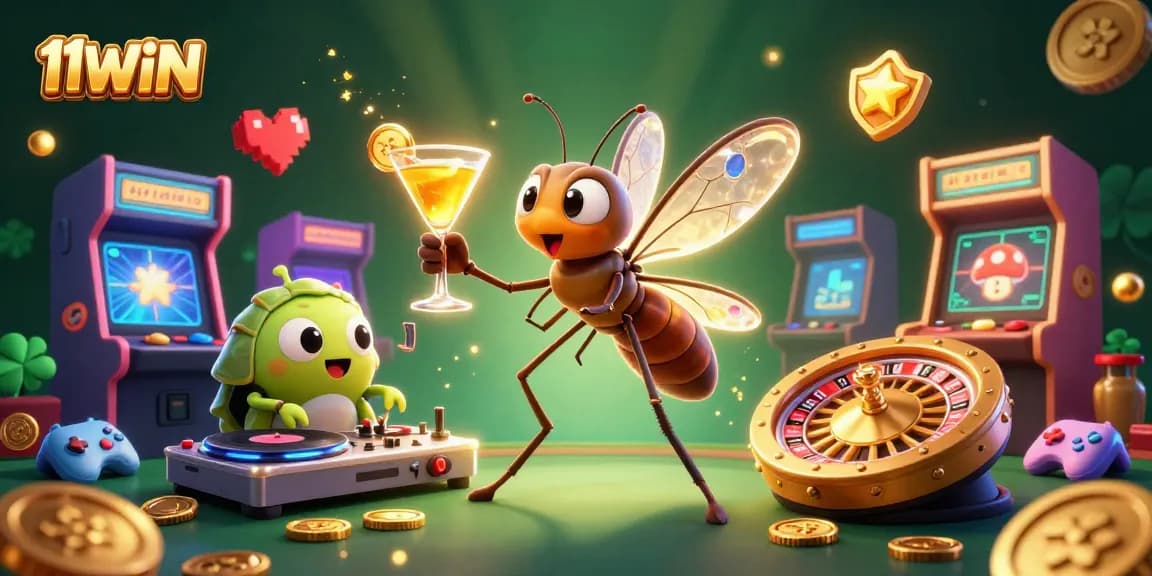 Join the 11WIN mascot in a vibrant casino adventure filled with gaming excitement and gold!