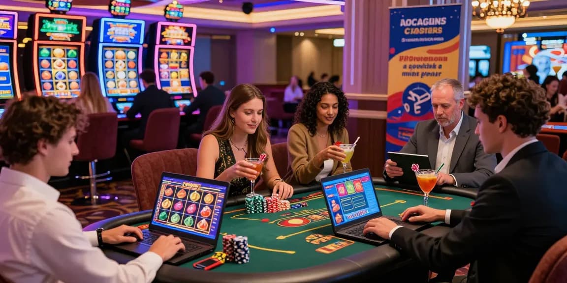 Players enjoying games at casinos that accept credit cards in a vibrant casino environment with bright lights and promotional banners.