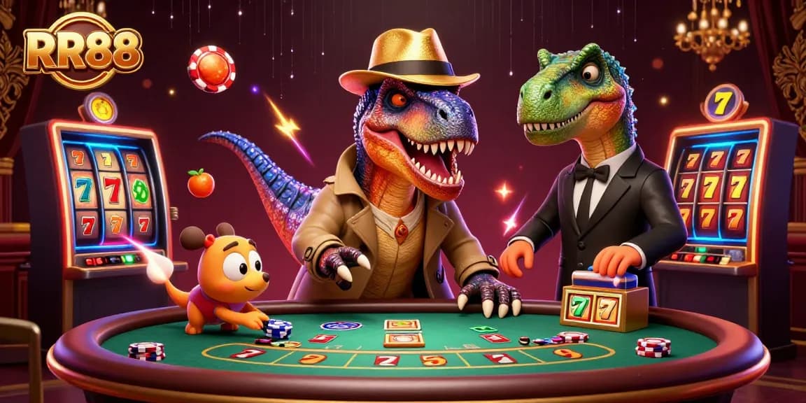 RR88 slot scene of a clever velociraptor card counter at a busy casino table.