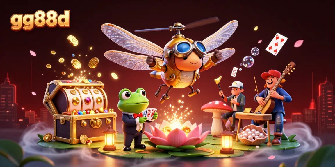 Experience the excitement of gg88d with this lively illustration of a dragonfly pilot above a casino, featuring vibrant games and a frog dealer.