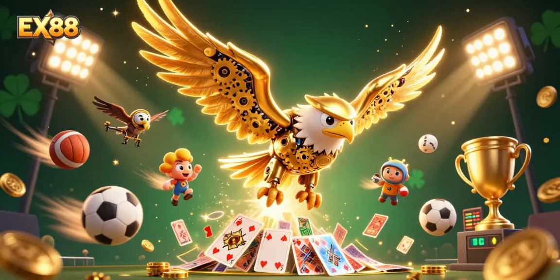 Experience the thrill of EX88 with a cybernetic eagle, showcasing dynamic sports betting energy and casino excitement.