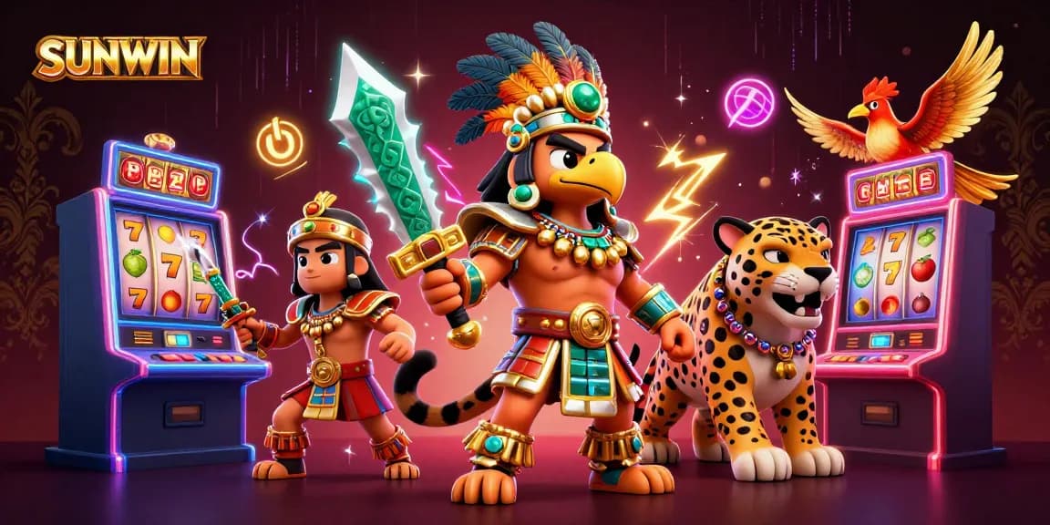 SUNWIN slot machines light up with vibrant 3D warriors in a rich casino setting highlighting exciting gameplay.