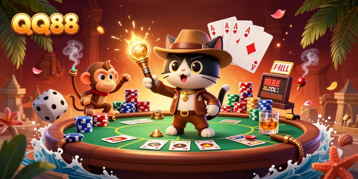 Experience the excitement of QQ88 with 3D characters discovering golden casino artifacts.