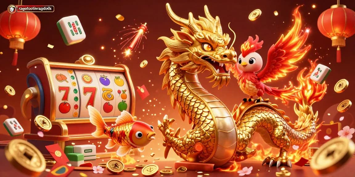 Experience thrilling gaming with ragatootieragdolls showcasing a vibrant 3D dragon, phoenix, and koi fish amidst festive casino elements.