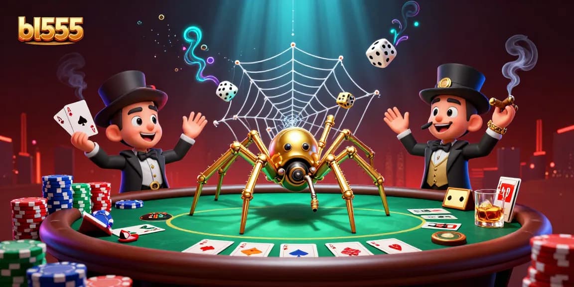 Engage with bl555's thrilling casino experience, featuring a cartoon steampunk spider and poker elements.
