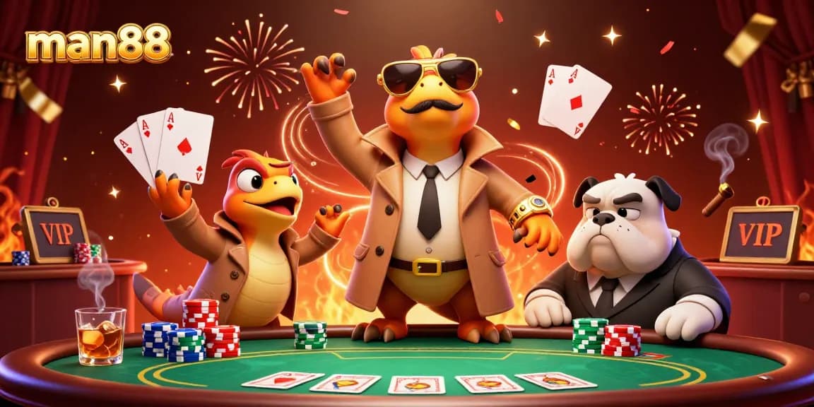 man88 gamblers are cheerfully strategizing for a high-stakes poker match in a vibrant casino scene