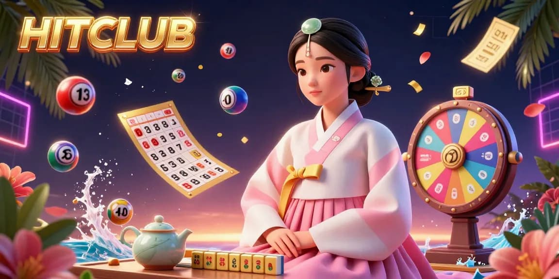 HitClub engages players with a vibrant scene featuring lottery balls, spinning wheels, and festive elements.