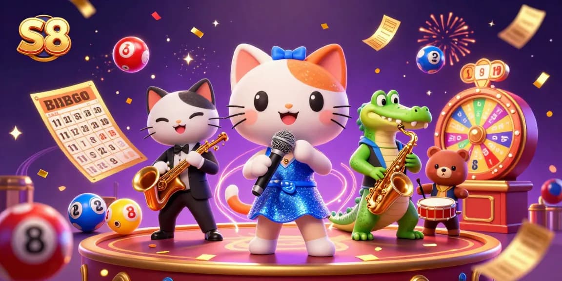 Spin to win with S8: A vibrant casino scene featuring a captivating singing cat and dynamic lucky elements.