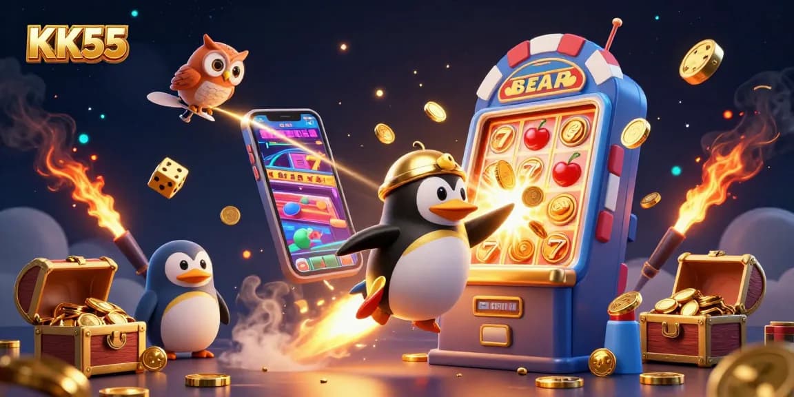 Join the adventure with KK55 as a golden penguin blasts off to a jackpot in a dynamic casino scene.