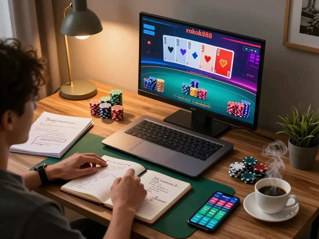 Player strategizing online gameplay at rokok88 with poker interface and notes on responsible betting.