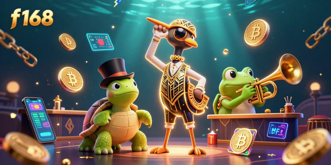 Join the excitement at f168 with vibrant characters and crypto elements in thrilling casino ambiance.