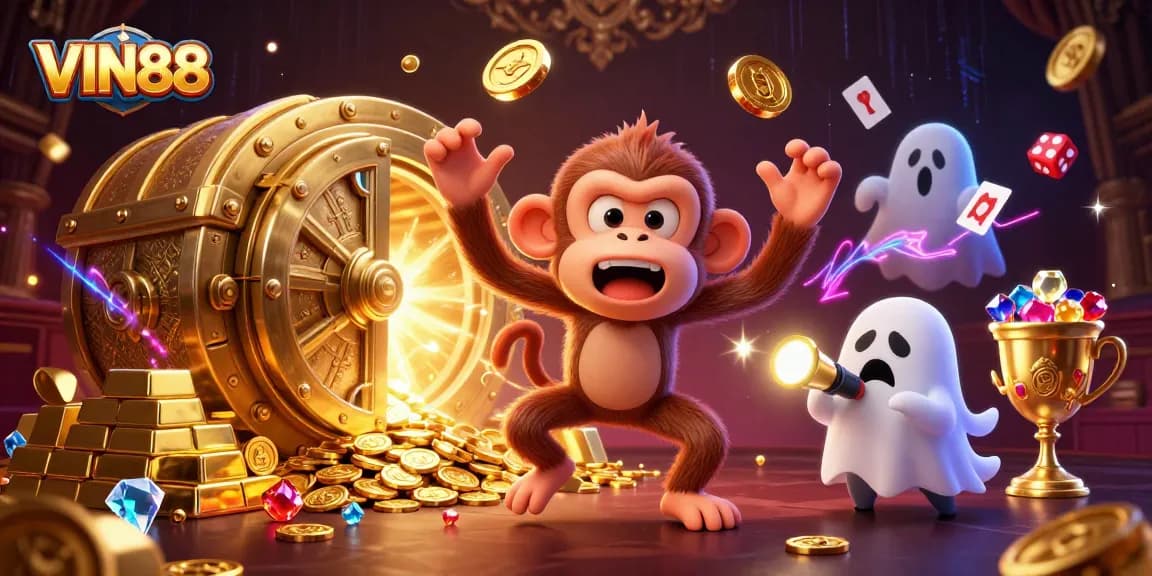 Experience the thrill of VIN88 in a haunted casino with a playful monkey and ghost-hunter puppy.