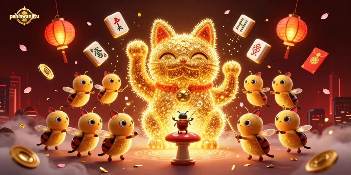 Pahlawanjitu showcases a dynamic casino scene with lucky cat and vibrant elements like fireworks and lanterns.
