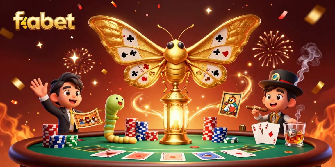 Engage with the vibrant fabet universe, showcasing a regal moth amidst poker excitement and golden motifs.