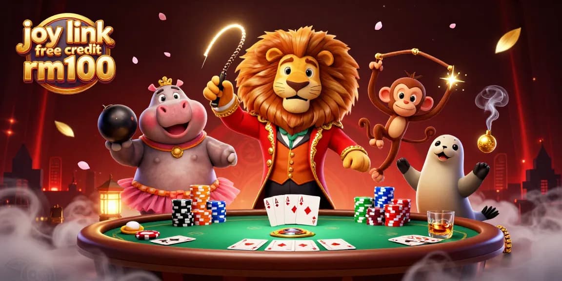 Engage with joy link free credit rm100 through vibrant circus-themed poker illustration action.