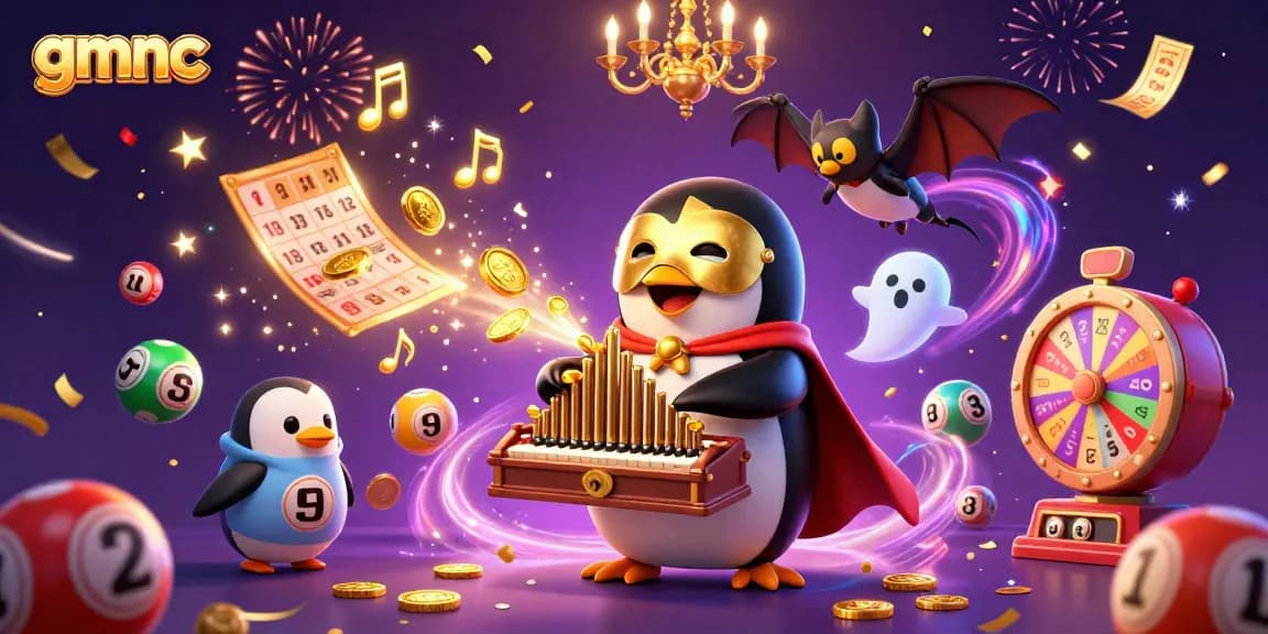 Witness gmnc's enchanting gambling scene with a penguin playing an organ, surrounded by dynamic lottery elements.