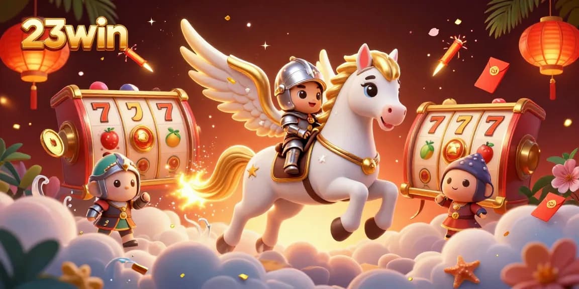 Engage with 23win's thrilling slots experience, showcasing vibrant 3D elements and captivating visuals.